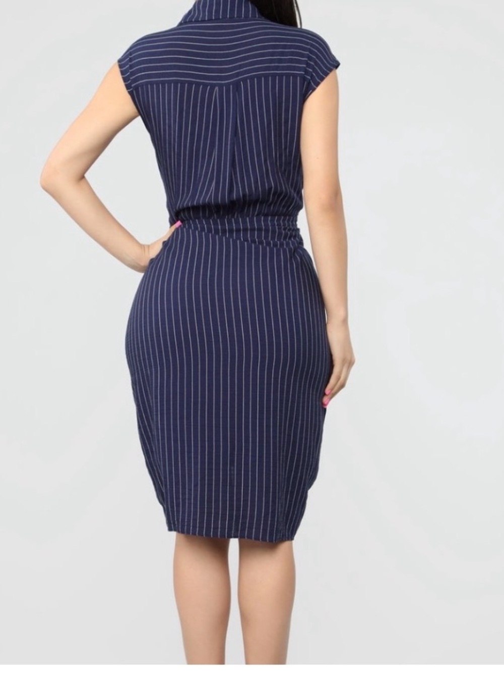 Navy Pinstripe Tie Front Dress - Picture 2 of 6